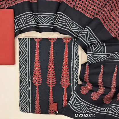 premium hand block printed dobby cotton unstitched salwar material,self design all over, panel design,(lining optional)reddish maroon cotton bottom,block printed mul cotton dupatta. MY262814