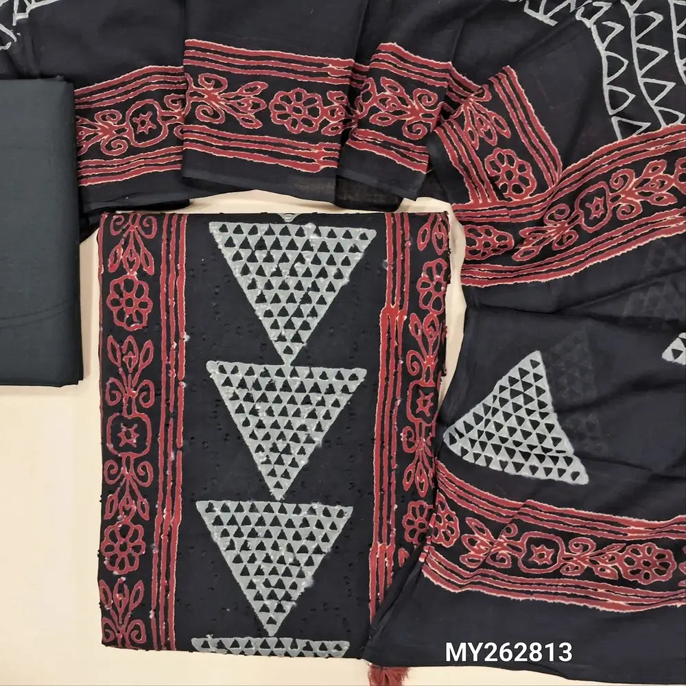 premium hand block printed dobby cotton unstitched salwar material,self design all over, panel design,(lining optional)black cotton bottom,block printed mul cotton dupatta. MY262813