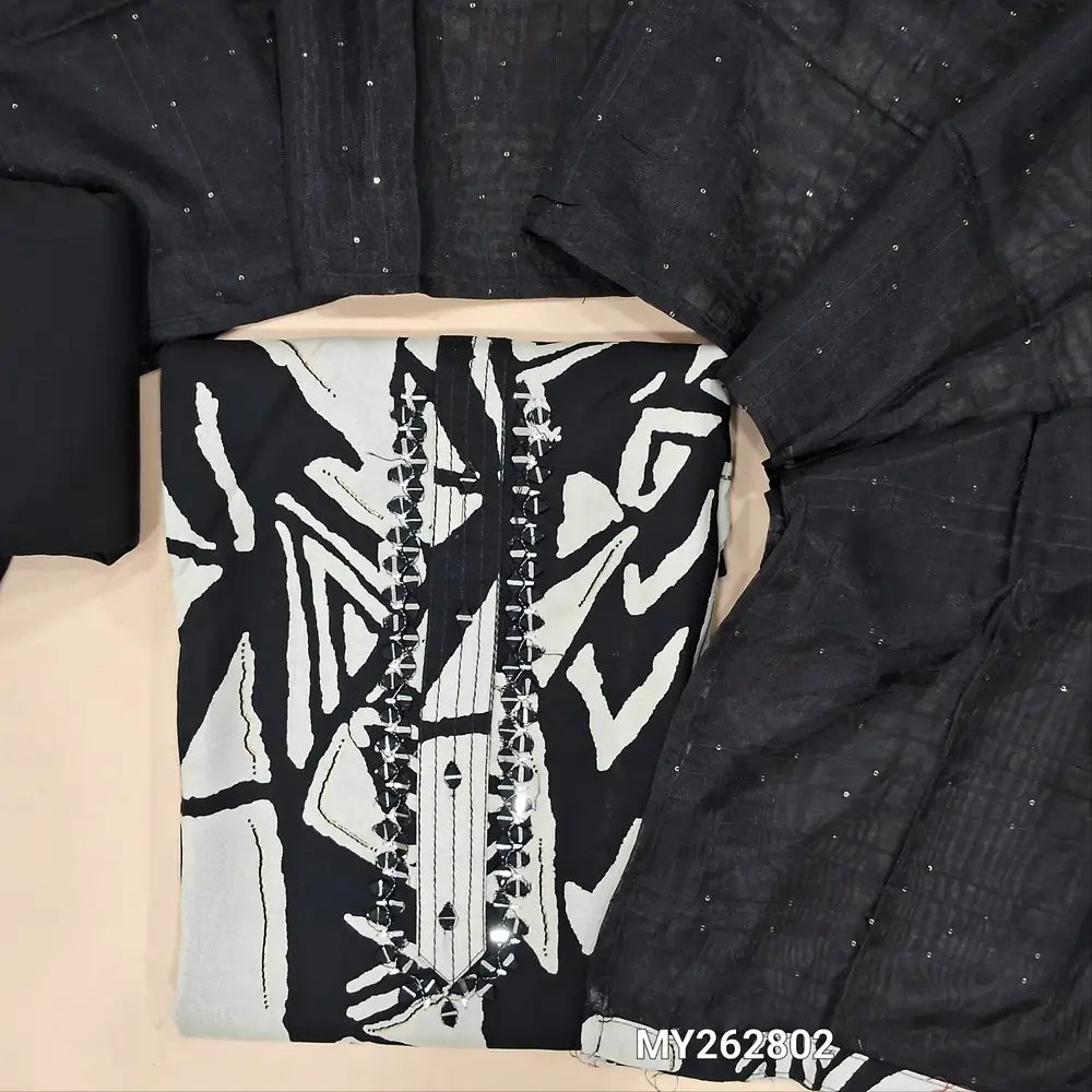 Black & off white abstract printed liquid fabric unstitched salwar material, real mirror work on yoke, (lining optional)black cotton bottom, sequins work on fancy silk cotton dupatta. MY262802