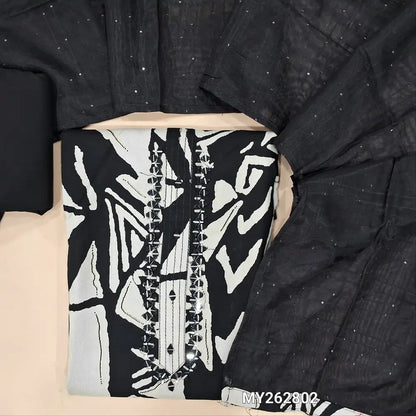 Black & off white abstract printed liquid fabric unstitched salwar material, real mirror work on yoke, (lining optional)black cotton bottom, sequins work on fancy silk cotton dupatta. MY262802