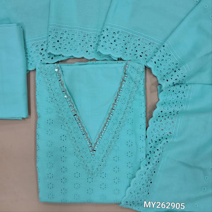 Pastel blue schiffli embroidered soft glazed cotton unstitched salwar material(lining needed) lace detailing & real mirror work on yoke,embroidery allover, cotton bottom, schiffli embroidered & cut work, mul cotton dupatta with scallop borders. MY262905