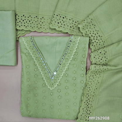 Pastel green schiffli embroidered soft glazed cotton unstitched salwar material(lining needed) lace detailing & real mirror work on yoke,embroidery allover, cotton bottom, schiffli embroidered & cut work, mul cotton dupatta with scallop borders. MY262908