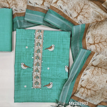 Designer pastel blue digital printed silk cotton unstitched salwar material (lining needed) thread embroidery & faux mirror work on yoke,bird prints all over, spun cotton bottom, digital printed silk cotton dupatta with gold tissue borders.MY262902