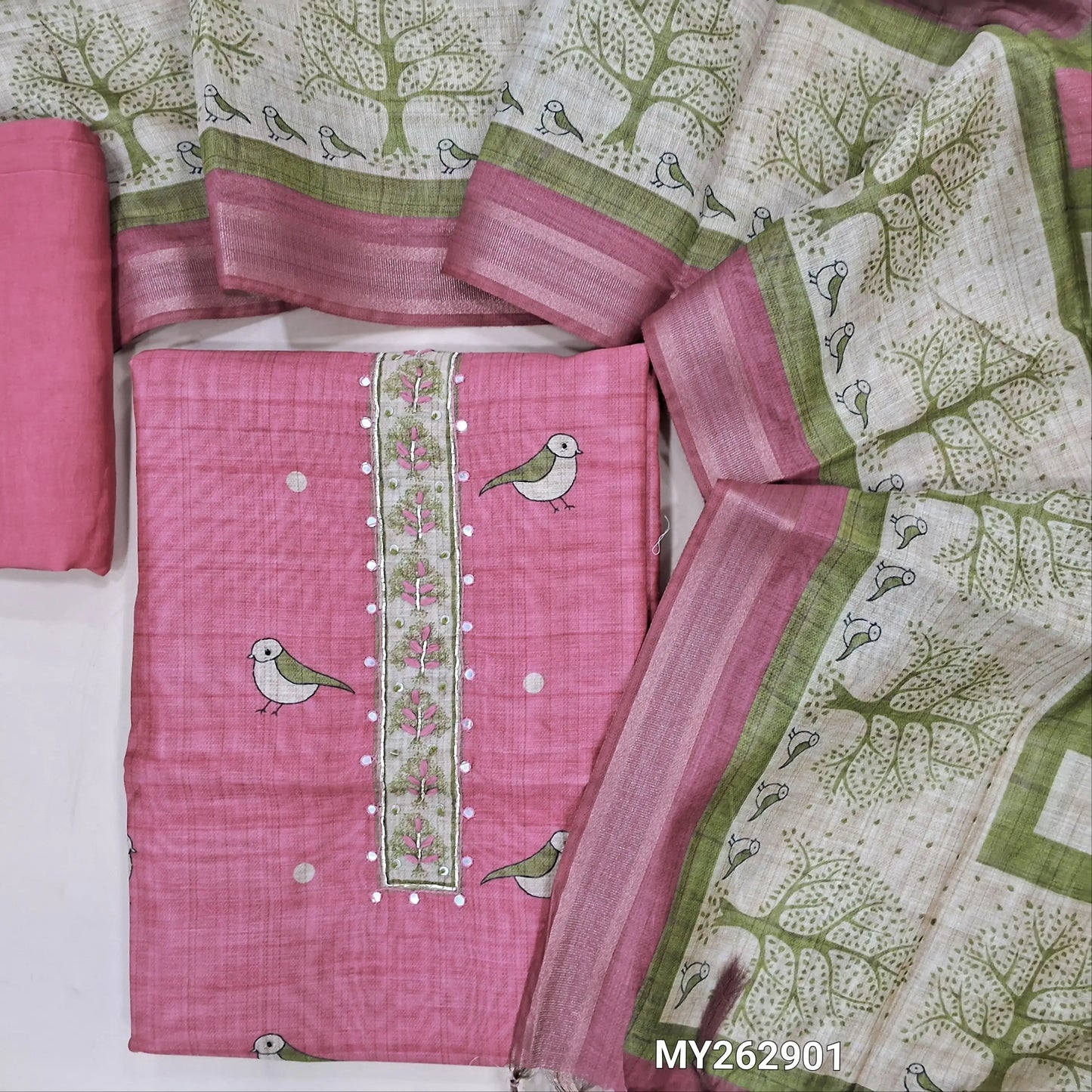 Designer pink digital printed silk cotton unstitched salwar material (lining needed) thread embroidery & faux mirror work on yoke,bird prints all over, spun cotton bottom, digital printed silk cotton dupatta with gold tissue borders.MY262901