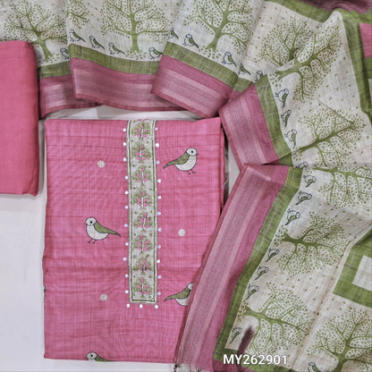 Designer pink digital printed silk cotton unstitched salwar material (lining needed) thread embroidery & faux mirror work on yoke,bird prints all over, spun cotton bottom, digital printed silk cotton dupatta with gold tissue borders.MY262901