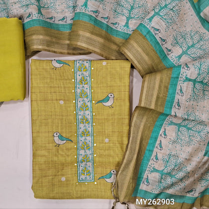 Designer yellow digital printed silk cotton unstitched salwar material (lining needed) thread embroidery & faux mirror work on yoke,bird prints all over, matching spun cotton bottom, digital printed silk cotton dupatta with gold tissue borders.MY262903