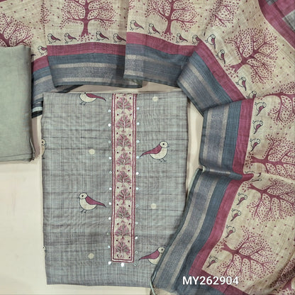 Designer grey digital printed silk cotton unstitched salwar material (lining needed) thread embroidery & faux mirror work on yoke,bird prints all over, matching spun cotton bottom, digital printed silk cotton dupatta with gold tissue borders.MY262904