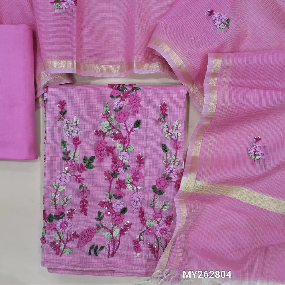 Designer lotus pink pure kota cotton unstitched salwar material (lining needed) hand embroidery on yoke, rich hand embroidery on daman,drum dyed cotton provided for lining, NO BOTTOM,embroidery kota dupatta with golden tissue borders. MY262804