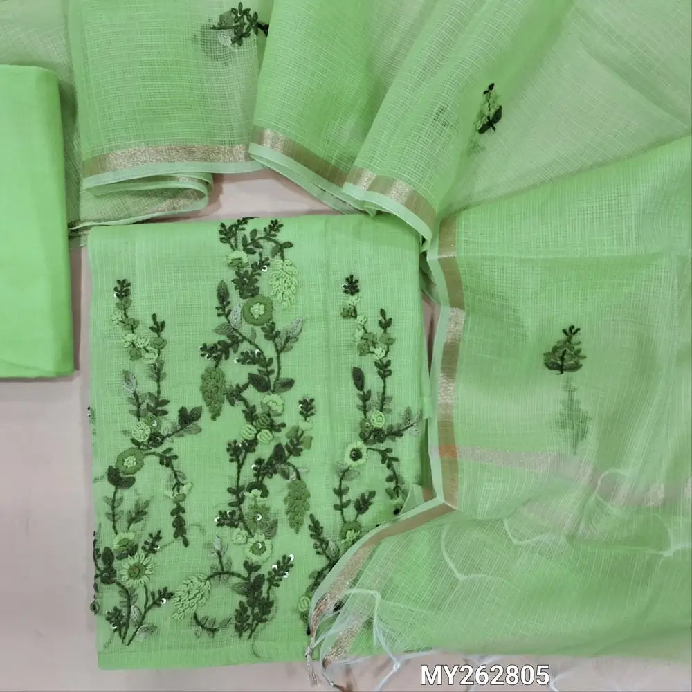 Designer pastel green pure kota cotton unstitched salwar material (lining needed) hand embroidery on yoke, rich hand embroidery on daman,drum dyed cotton provided for lining, NO BOTTOM,embroidery kota dupatta with golden tissue borders. MY262805