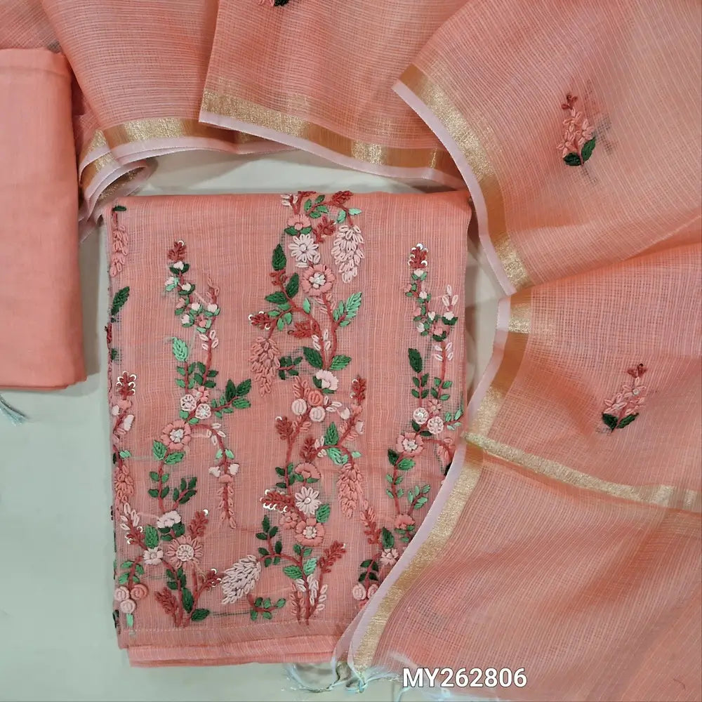 Designer peachish pink pure kota cotton unstitched salwar material (lining needed) hand embroidery on yoke, rich hand embroidery on daman,drum dyed cotton provided for lining, NO BOTTOM,embroidery kota dupatta with golden tissue borders. MY262806