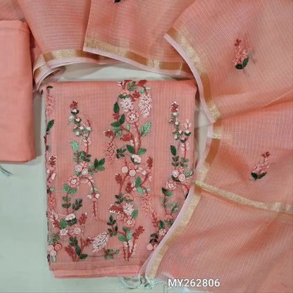 Designer peachish pink pure kota cotton unstitched salwar material (lining needed) hand embroidery on yoke, rich hand embroidery on daman,drum dyed cotton provided for lining, NO BOTTOM,embroidery kota dupatta with golden tissue borders. MY262806