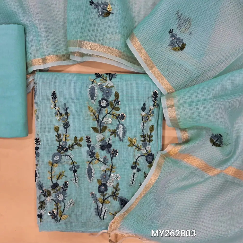 Designer powder blue pure kota cotton unstitched salwar material (lining needed) hand embroidery on yoke, rich hand embroidery on daman,drum dyed cotton provided for lining, NO BOTTOM ,embroidery kota dupatta with golden tissue borders. MY262803