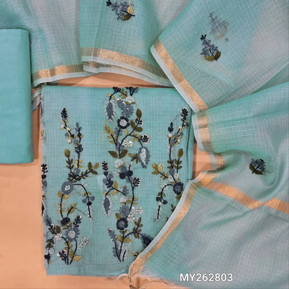 Designer powder blue pure kota cotton unstitched salwar material (lining needed) hand embroidery on yoke, rich hand embroidery on daman,drum dyed cotton provided for lining, NO BOTTOM ,embroidery kota dupatta with golden tissue borders. MY262803
