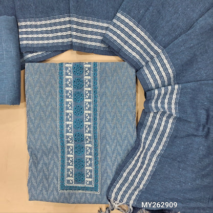 Denim blue spun silk cotton unstitched salwar material,embroidery work on yoke, self woven design all over(lining optional)matching spun silk cotton bottom, spun silk cotton short width dupatta with thread woven borders. MY262909