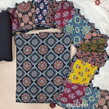 Dark blue ajrak hand block printed pure cotton unstitched salwar material(lining optional) cotton bottom, designer hand made with real mirror, kantha stitch & applique work dupatta with ajrak borders on tassles. MY262911