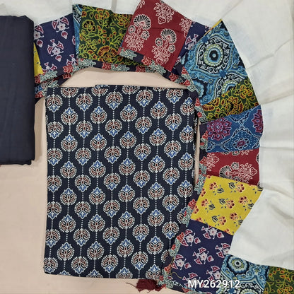 Deep blue ajrak hand block printed pure cotton unstitched salwar material(lining optional) cotton bottom, designer hand made & applique work dupatta with ajrak borders on tassles. MY262912