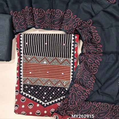 Maroon printed soft cotton unstitched salwar material, ajrak yoke patch with faux mirror work(lining optional)black cotton bottom,hand block printed mul cotton dupatta. MY262915