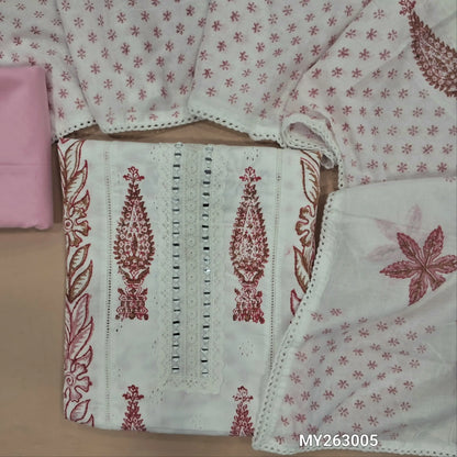 White hand block printed pure cotton unstitched salwar material, (lining needed) schiffli embroidery,real mirror & lace detailing on yoke,penal design, pink cotton bottom,block printed full length soft mul cotton dupatta. MY263005