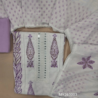 White hand block printed pure cotton unstitched salwar material, (lining needed) schiffli embroidery,real mirror & lace detailing on yoke,penal design, lavender cotton bottom,block printed full length soft mul cotton dupatta. MY263003
