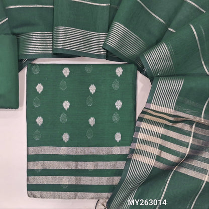 Dark green soft benarasi silk cotton unstitched salwar material(light weight,lining needed)  zari buttas allover, gold tissue on daman, matching silk cotton bottom, vertical zari lines & soft silk cotton dupatta with tassels. MY263014