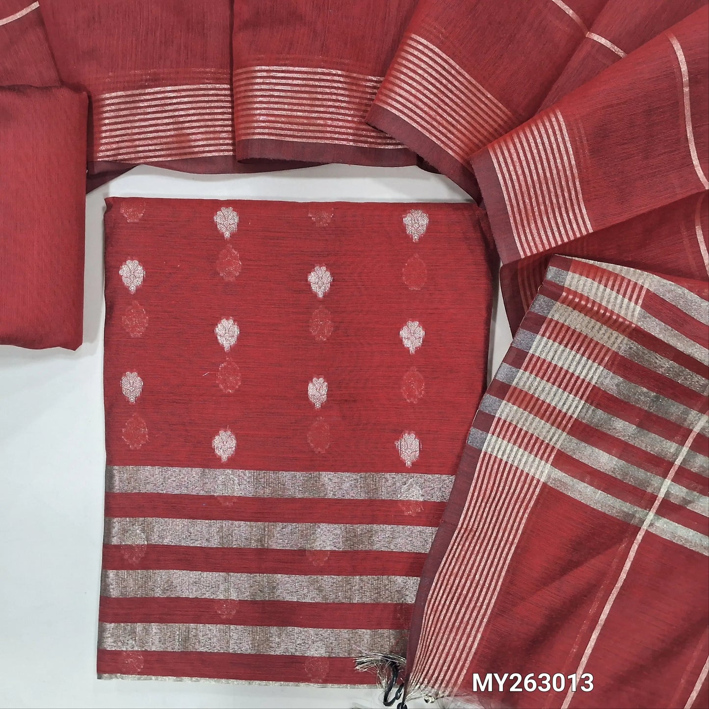 Reddish maroon soft benarasi silk cotton unstitched salwar material(light weight,lining needed)  zari buttas allover, gold tissue on daman, matching silk cotton bottom, vertical zari lines & soft silk cotton dupatta with tassels. MY263013