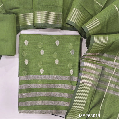Mossy green soft benarasi silk cotton unstitched salwar material(light weight,lining needed)  zari buttas allover, gold tissue on daman, matching silk cotton bottom, vertical zari lines & soft silk cotton dupatta with tassels. MY263011