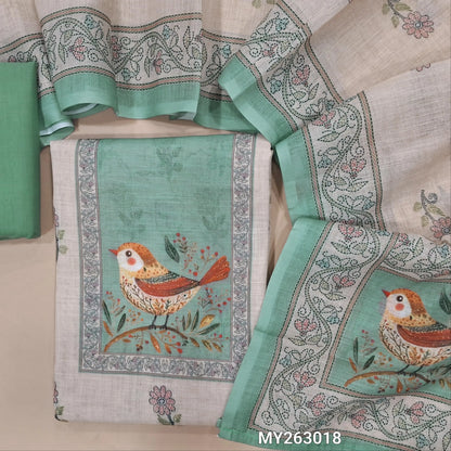 Off white base semi linen unstitched salwar material,digital printed on yoke, floral printed all over, (textured, lining needed) pastel blue cotton bottom, printed on semi linen dupatta with pallu. MY263018