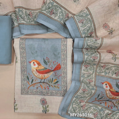 Off white base semi linen unstitched salwar material,digital printed on yoke, floral printed all over, (textured, lining needed) powder blue cotton bottom, printed on semi linen dupatta with pallu. MY263016