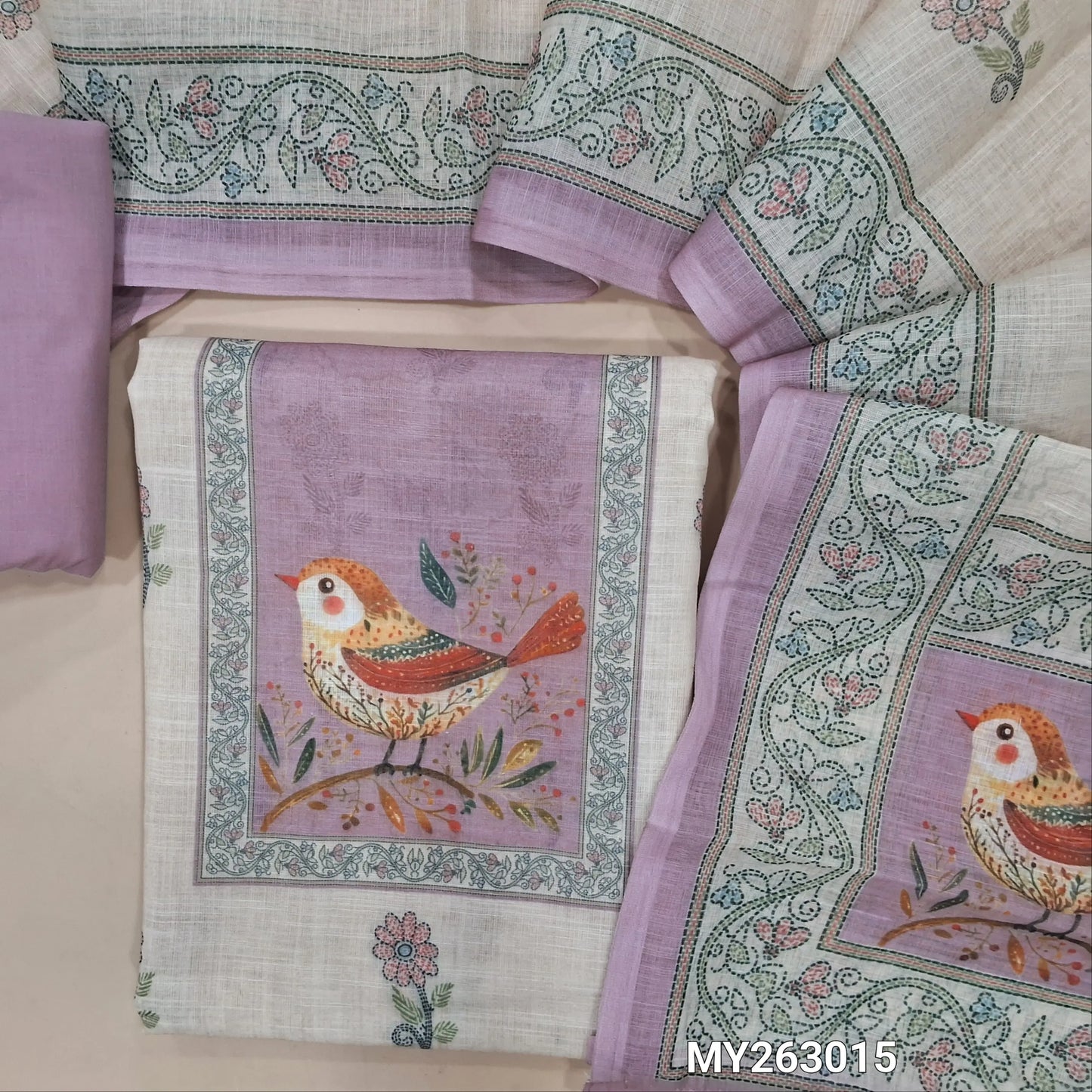 Off white base semi linen unstitched salwar material,digital printed on yoke, floral printed all over, (textured, lining needed) Mauve cotton bottom, printed on semi linen dupatta with pallu. MY263015