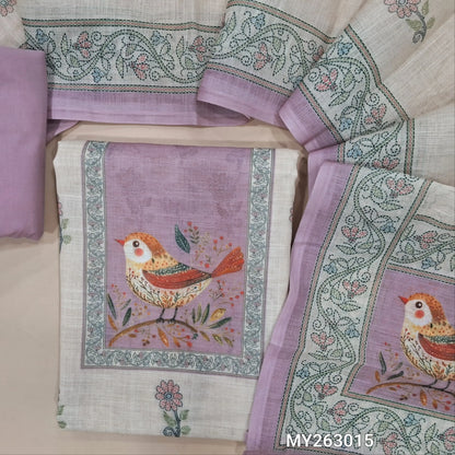Off white base semi linen unstitched salwar material,digital printed on yoke, floral printed all over, (textured, lining needed) Mauve cotton bottom, printed on semi linen dupatta with pallu. MY263015
