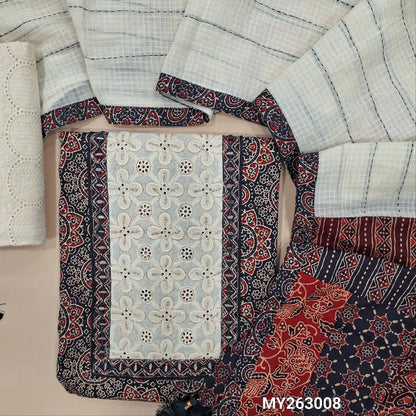 Dark blue ajrak hand block printed premium pure cotton unstitched salwar material(lining optional)embroidery & real mirror work on yoke, schiffli embroidery cotton bottom, kantha stitch detailing & applique work on kota dupatta with pallu. MY263008