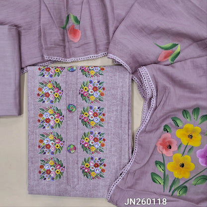 Mauve shade spun cotton unstitched salwar material,floral printed, bead work and thread embroidery buttons on yoke, rich daman,(lining optional)cotton bottom,brush paint work on mul cotton dupatta. JN260118