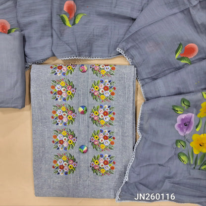 Denim blue spun cotton unstitched salwar material,floral printed, bead work and thread embroidery buttons on yoke, rich daman,(lining optional)cotton bottom,brush paint work on mul cotton dupatta. JN260116