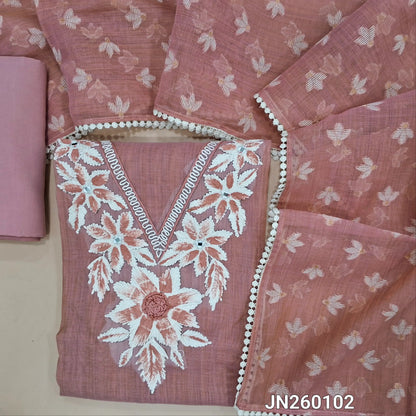 Designer pink shade pure mul chanderi unstitched salwar material,hand embroidery,brush paint,french knot & real mirror work on yoke, embroidery detailing( lining needed)spun cotton bottom, jamdani woven & mul chanderi dupatta with lace tapping. JN260102