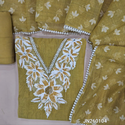 Designer light yellow pure mul chanderi unstitched salwar material,hand embroidery,brush paint,french knot & real mirror work on yoke, embroidery detailing( lining needed)spun cotton bottom, jamdani woven & mul chanderi dupatta with lace tapping. JN260104