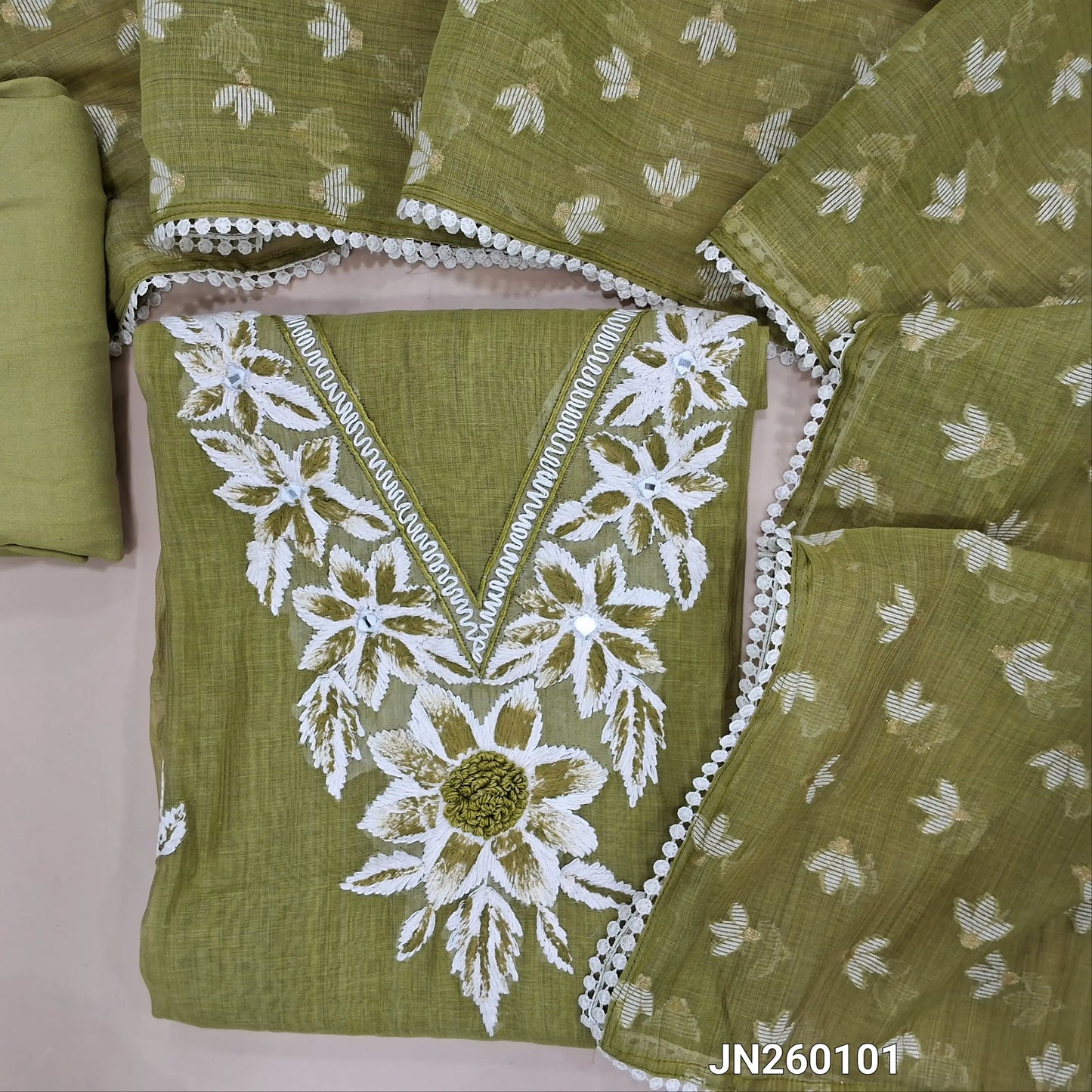 Designer sage green pure mul chanderi unstitched salwar material,hand embroidery,brush paint,french knot & real mirror work on yoke, embroidery detailing( lining needed)spun cotton bottom, jamdani woven & mul chanderi dupatta with lace tapping. JN260101