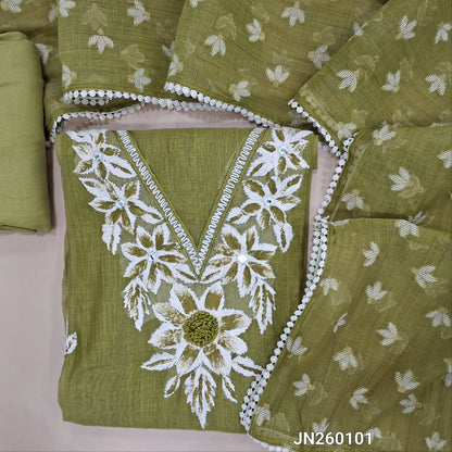 Designer sage green pure mul chanderi unstitched salwar material,hand embroidery,brush paint,french knot & real mirror work on yoke, embroidery detailing( lining needed)spun cotton bottom, jamdani woven & mul chanderi dupatta with lace tapping. JN260101