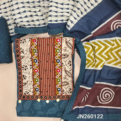 Dark teal blue printed pure cotton unstitched salwar material, ajrak yoke patch with hand embroidery work(lining optional)printed cotton bottom,printed soft mul cotton dupatta. JN260122