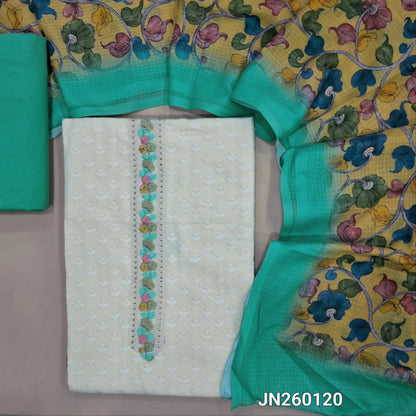 Off white pure  soft cotton unstitched salwar material,embroidered yoke, self embroidery work all over,(lining needed)pastel blue cotton bottom,floral printed mul cotton dupatta. JN260120