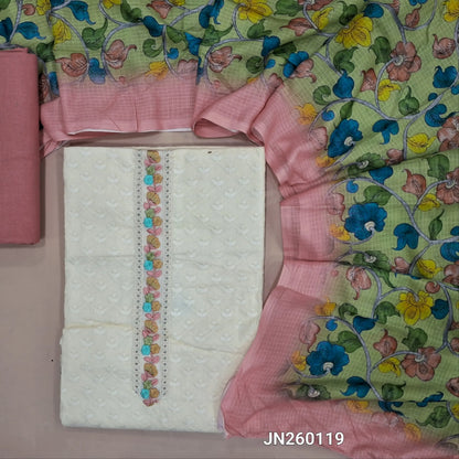 Off white pure  soft cotton unstitched salwar material,embroidered yoke, self embroidery work all over,(lining needed)pastel pink cotton bottom,floral printed mul cotton dupatta. JN260119
