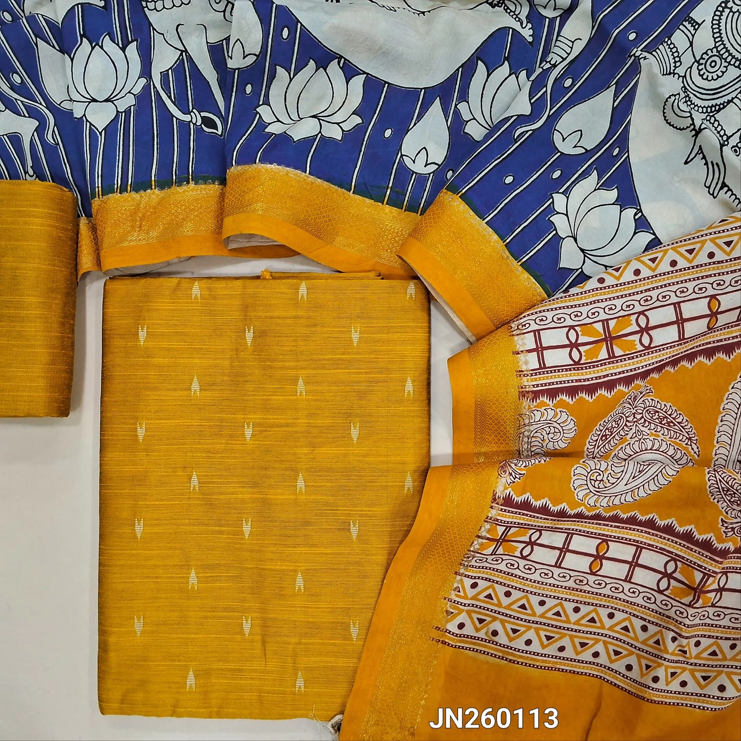 Fenugreek yellow premium raw silk unstitched salwar material (textured, Lining optional)thread woven buttas all over,matching raw silk bottom, pen kalamkari chennuri silk dupatta with nizam borders. JN260113