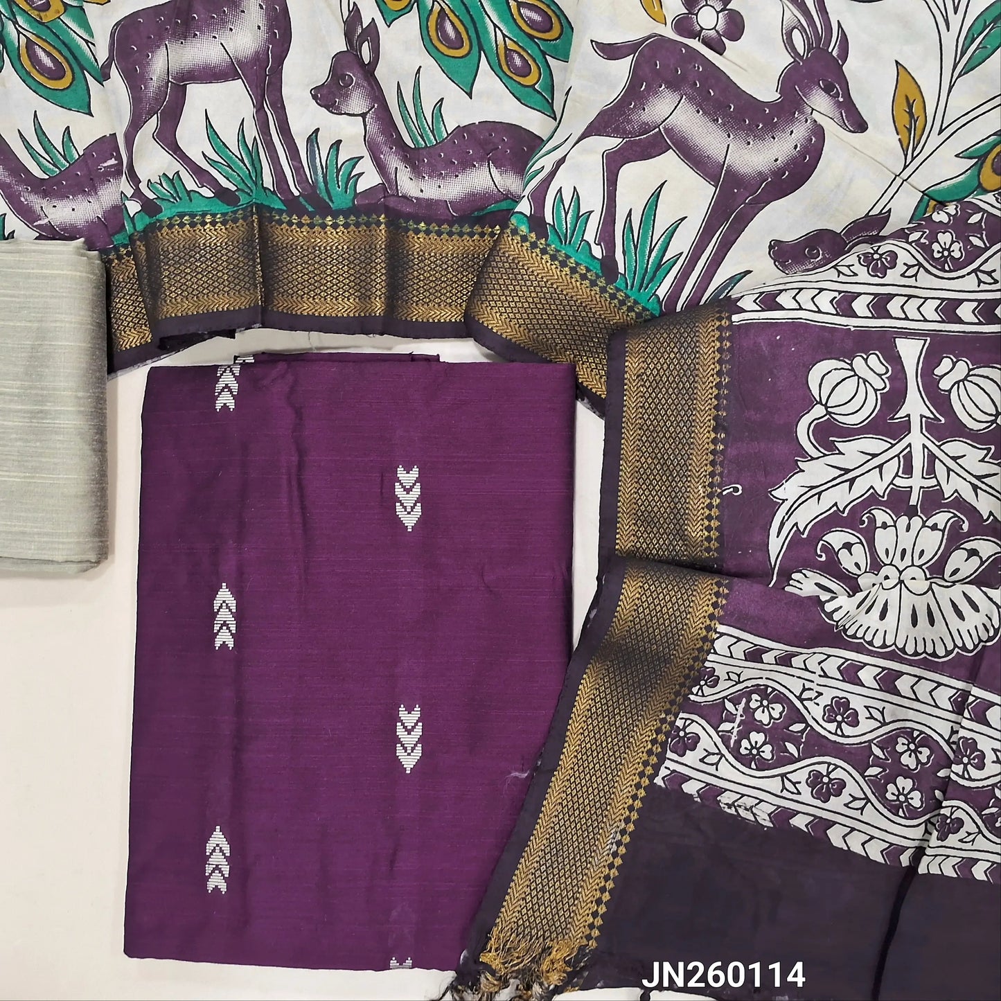 Deep wine purple premium raw silk unstitched salwar material (textured, Lining optional)thread woven buttas all over,matching raw silk bottom, pen kalamkari chennuri silk dupatta with nizam borders. JN260114