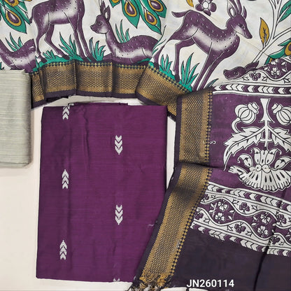 Deep wine purple premium raw silk unstitched salwar material (textured, Lining optional)thread woven buttas all over,matching raw silk bottom, pen kalamkari chennuri silk dupatta with nizam borders. JN260114
