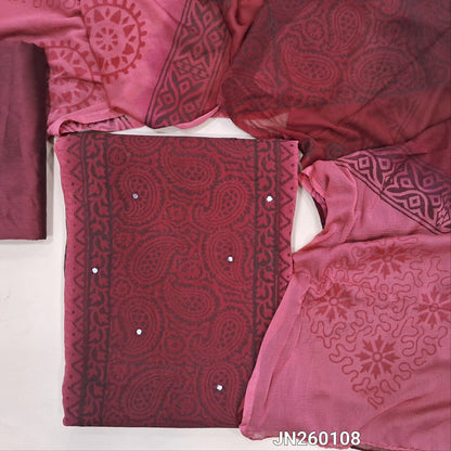 Maroon & pink block printed semi georgette unstitched salwar material,(lining needed)panel design, faux mirror work on front, maroon silk cotton bottom, block printed dual shaded fancy chiffon dupatta.(TAPING NEEDED) JN260108