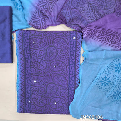 Dark blue & light blue block printed semi georgette unstitched salwar material,(lining needed)panel design, faux mirror work on front,dark blue silk cotton bottom, block printed dual shaded fancy chiffon dupatta.(TAPING NEEDED) JN260106