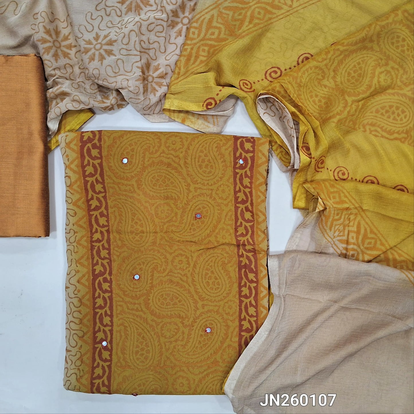 Mehandhi yellow & beige block printed semi georgette unstitched salwar material,(lining needed)panel design, faux mirror work on front, yellow silk cotton bottom, block printed dual shaded fancy chiffon dupatta.(TAPING NEEDED) JN260107
