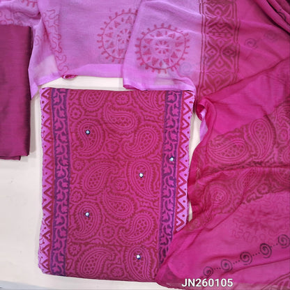 Dark pink & light Pink block printed semi georgette unstitched salwar material,(lining needed)panel design, faux mirror work on front,dark pink silk cotton bottom, block printed dual shaded fancy chiffon dupatta.(TAPING NEEDED) JN260105