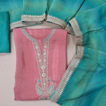 Pink tissue silk unstitched salwar material, zari and thread weaving on yoke (Lining Needed, Silky) Matching bottom, Tissue silk dupatta with borders. MY263122