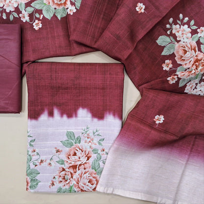 Dark maroon digital printed semi tussar unstitched salwar material(thin, lining needed)matching silky bottom, digital printed semi tussar dupatta. CODE SP250816