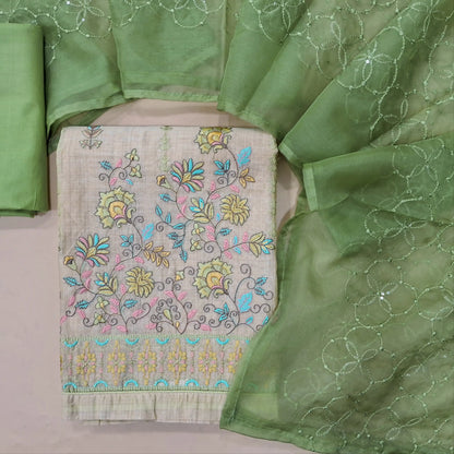 Beige embroidered silk cotton unstitched salwar material, rich embroidery on front (Lining Needed) sage green cotton bottom, fancy organza embroidered dupatta. MY263125